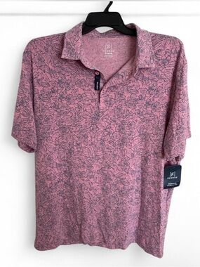 George Mens XL Floral Polo Shirt Mauve Pink Hibiscus Tropical Short Sleeve Poly